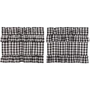 Annie Buffalo Check Black White Ruffled Cotton 36 in W. x 24 in. L Light Filtering Rod Pocket Window Panel Pair