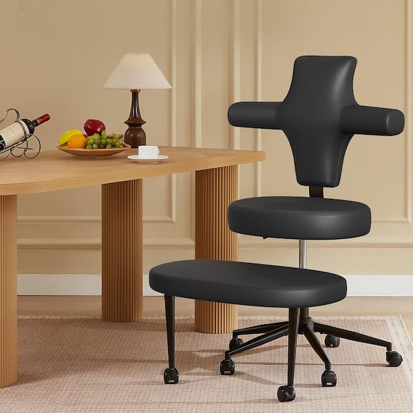Faux Leather Ergonomic Swivel Office Chair Upholstered Chair with Wheel Lumbar Support and Height Adjustment in PU Black