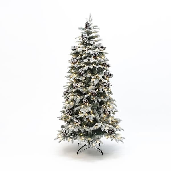 6 ft. PreLit Flocked Pine Artificial Christmas Tree with Pinecones and Metal Stand