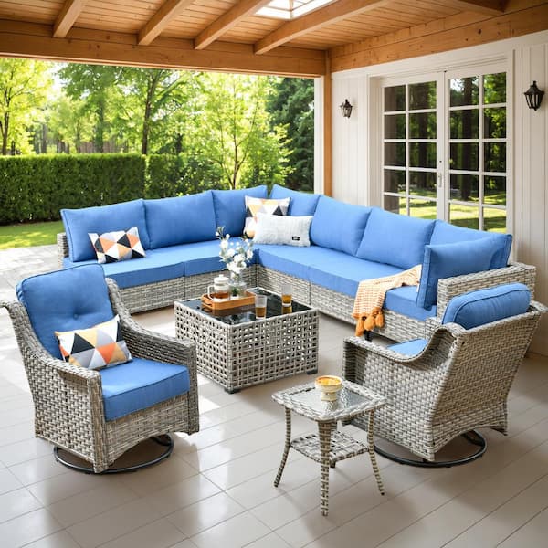 HOOOWOOO Holston 10-Piece Wicker Modern Outdoor Patio Conversation Sofa Sectional Set with Swivel Chairs and Sky Blue Cushions