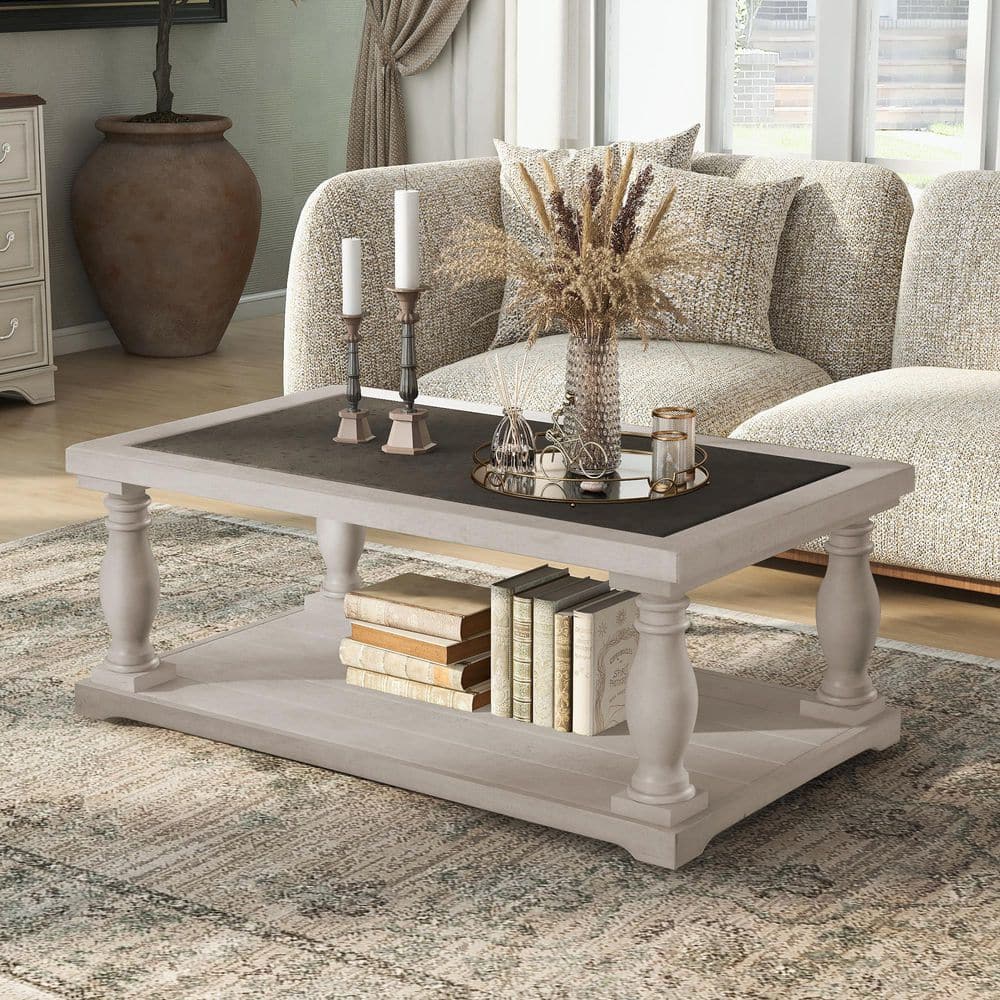 Farmhouse 43.7 in. Brown Rectangle MDF Wood Coffee Table with Bottom Shelf and Turned Spindle Solid Wood Legs