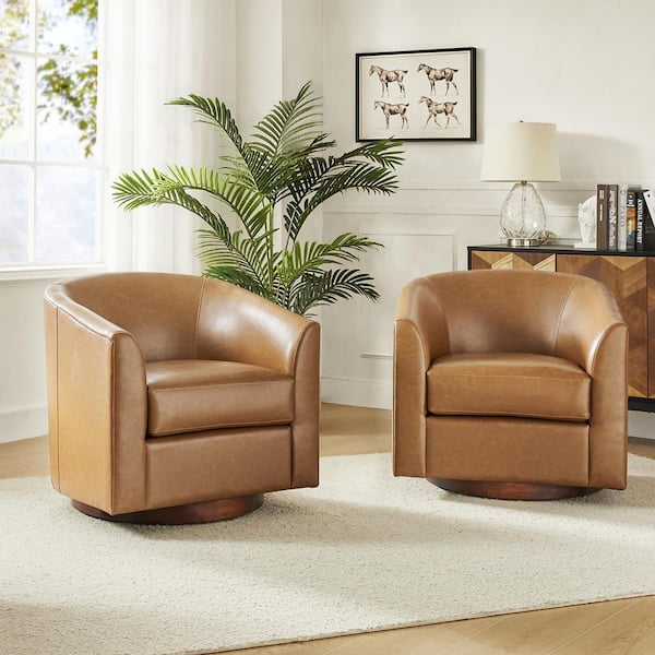 Meroy 30.5 in. Wide Camel Modern Swivel Barrel Faux Leather Chair with Solid Wood Base Set of 2
