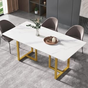 70.87 in. White Sintered Stone Rectangular Dining Table with Gold Metal Legs