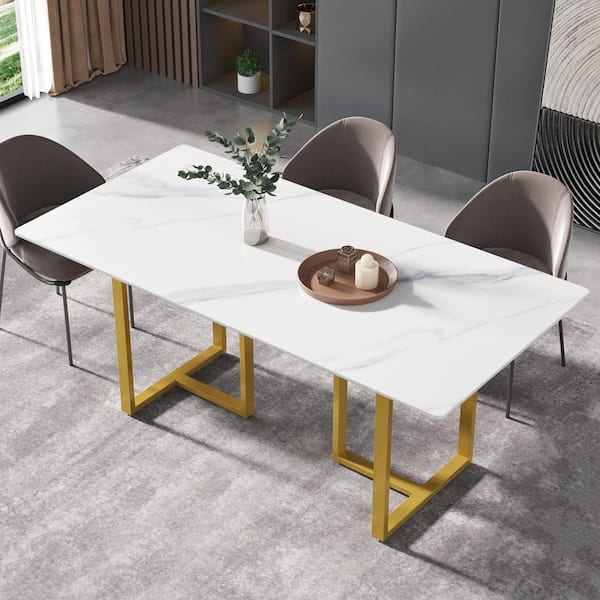 Magic Home 70.87 in. White Sintered Stone Rectangular Dining Table with Gold Metal Legs