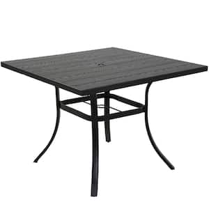 Semi-Aluminum Steel Outdoor Square Dining Table with Grooved Wood Grain Tabletop and Umbrella Hole