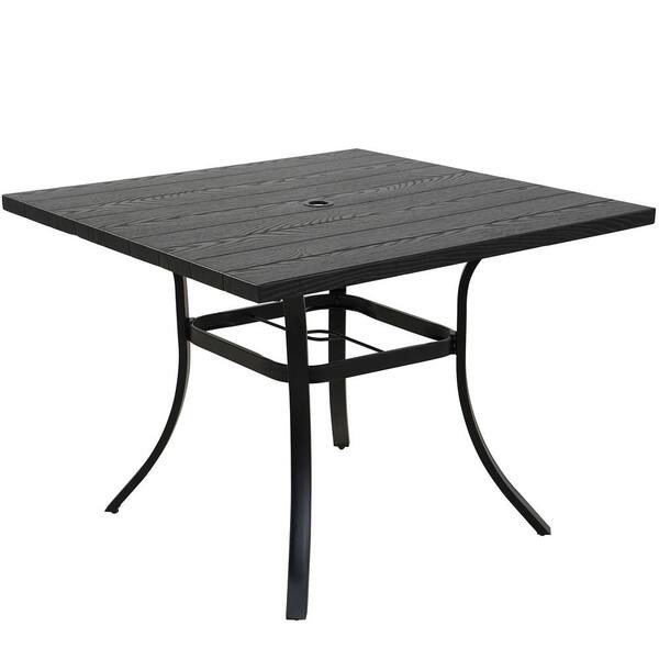 Semi-Aluminum Steel Outdoor Square Dining Table with Grooved Wood Grain Tabletop, Umbrella Hole and Adjustable Foot Pads