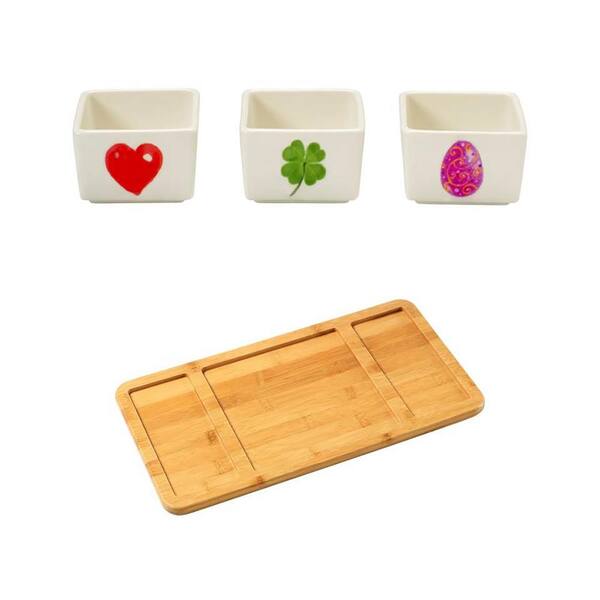 Precious Moments Bamboo Cheese Board and  Porcelain Holiday Appetizer Dip Bowls (Set of 3)