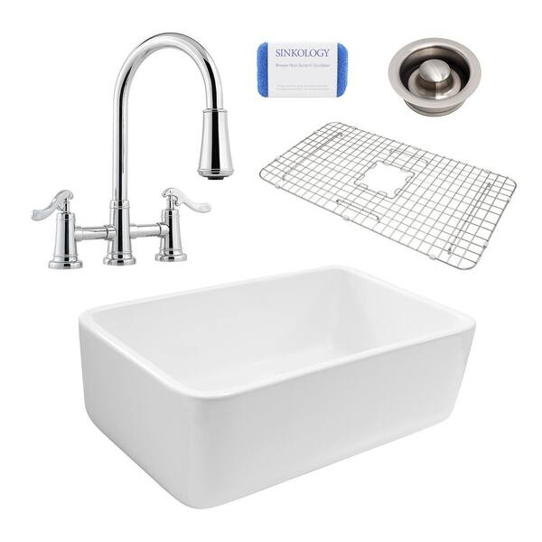 SINKOLOGY Bradstreet Reversible All-In-One Farmhouse Fireclay 30.5 in. Kitchen Sink with Pfister Faucet & Disposal Drain