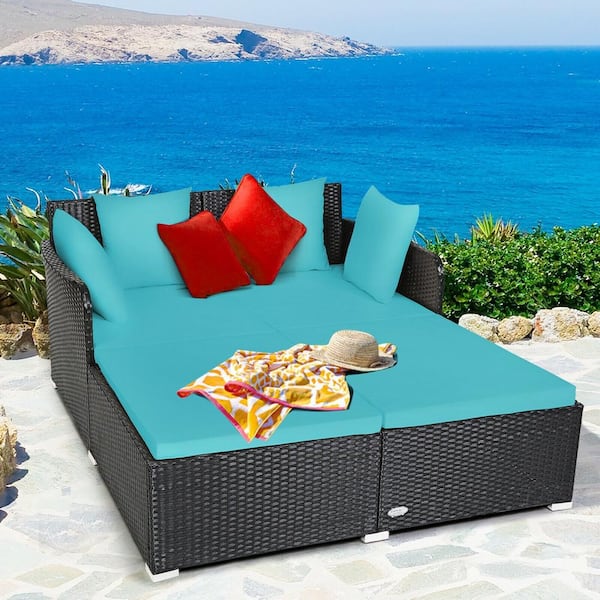 WELLFOR Black 1 Piece Metal Outdoor Day Bed with Turquoise