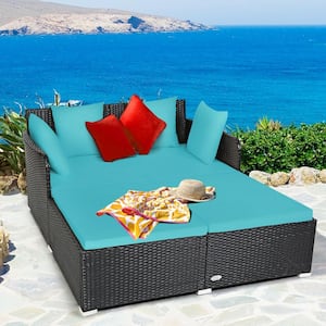 Black 1-Piece Metal Outdoor Day Bed with Turquoise Cushions and Pillows