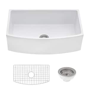 Fiamma 33 in. Bow Front Curved Apron-Front Farmhouse Single Bowl Fireclay Kitchen Sink in White