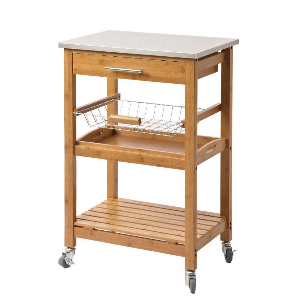 Benjara 34 in. Brown Stainless Steel Metal Basket Top Bamboo Kitchen Cart Island