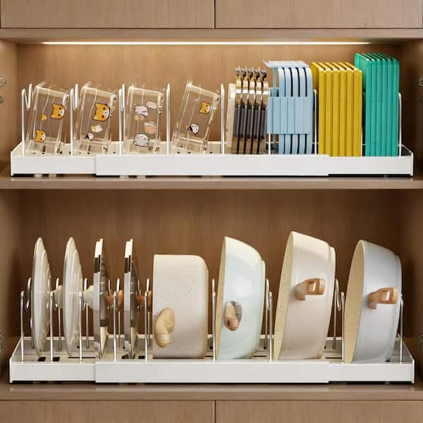 White Expandable Pots Pans Drawer Organizer with Adjustable Stainless Steel Dividers, Ventilated Moisture-Proof Design