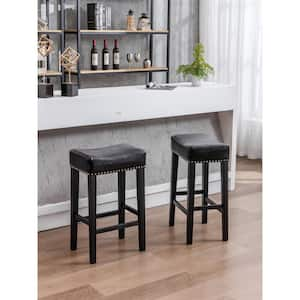 29 in. Black Backless Wood Frame Bar Stools with Faux Leather Seat and Footrest Dining Stools Set Side Chair (Set of 2)