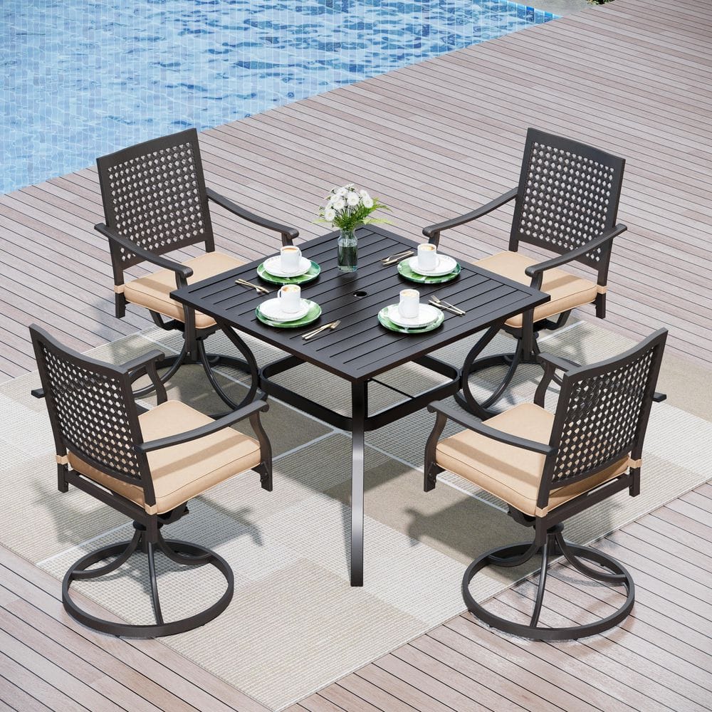 5-Piece Metal Patio Outdoor Dining Set with Square Table and Swivel Chairs with Beige Cushions price history on PriceWatchPro