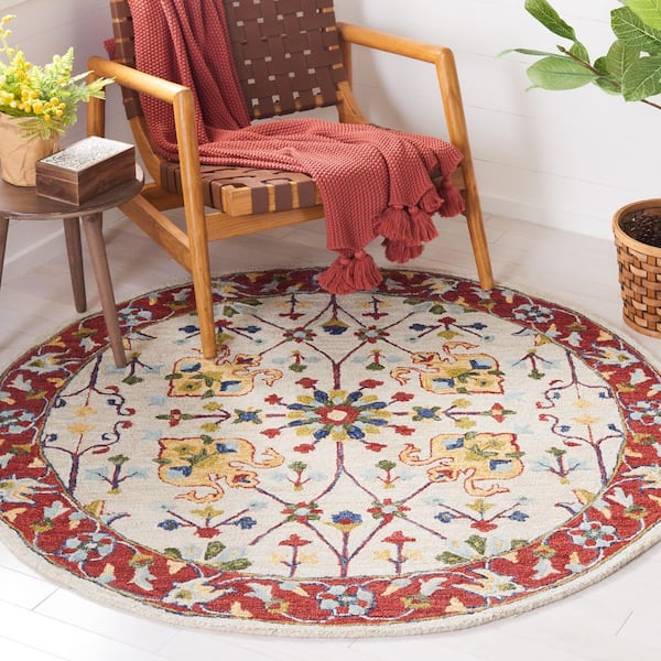 Micro-Loop 5 ft. x 5 ft. Round Beige/Rust Ornate Border Area Rug