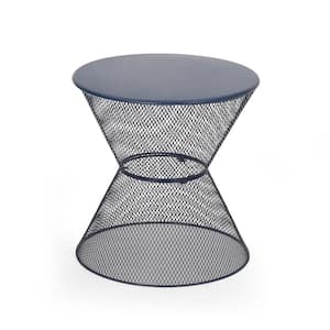 Blue Round Metal Outdoor Side Table with Hourglass Design