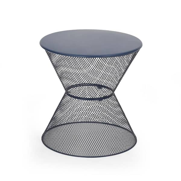Unbranded Blue Round Metal Outdoor Side Table with Hourglass Design