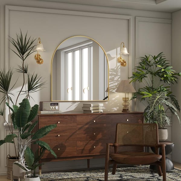 31.9 in. W x 33.9 in. H Arched Modern Aluminum Alloy Framed Gold Wall Mirror Bathroom Mirror