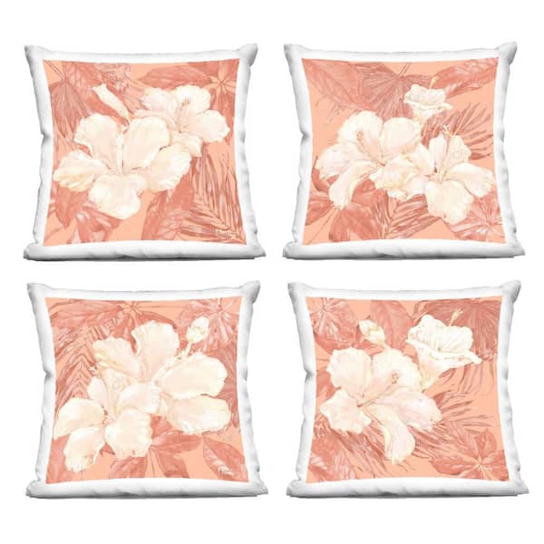 Stupell Industries Peach Hibiscus Flowers Pink Floral Polyester 18 in. x 18 in. Throw Pillow, (Set of 4)