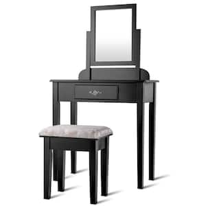 One-Drawer Black Dressing Vanity Table Sets with 360° Rotatable Rectangular Mirror and Padded Stool