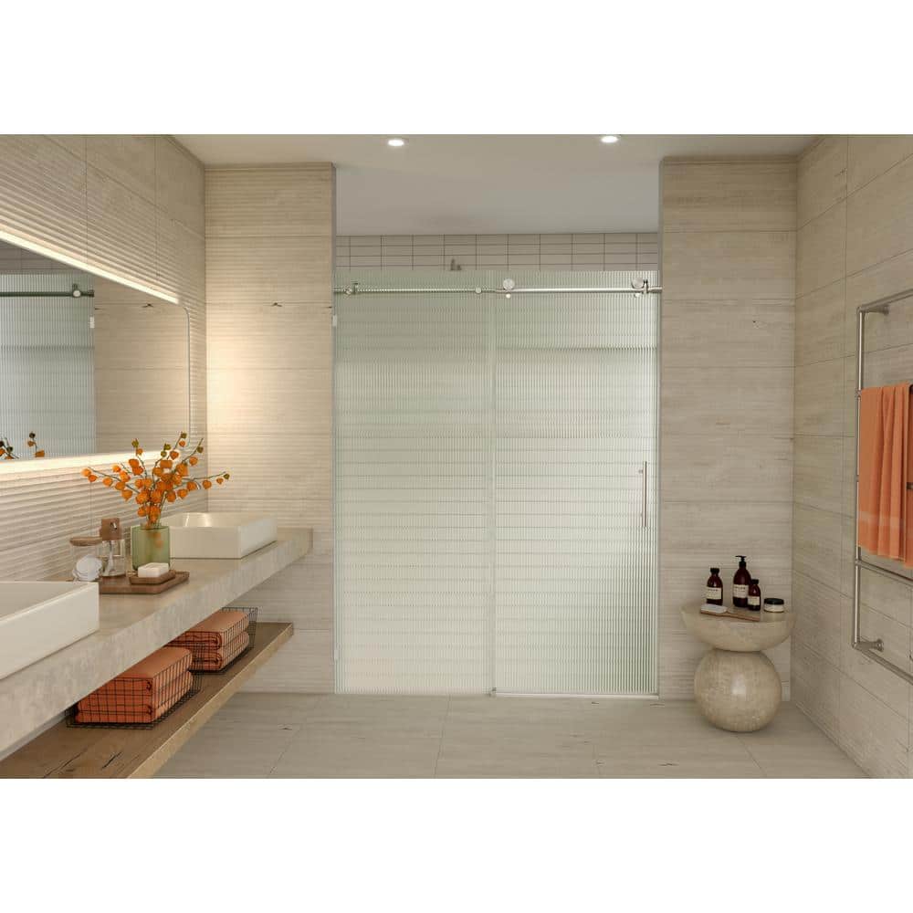 Galaxy 56-60 in. x 78 in. Frameless Fluted Glass Sliding Shower Door in Brushed Nickel