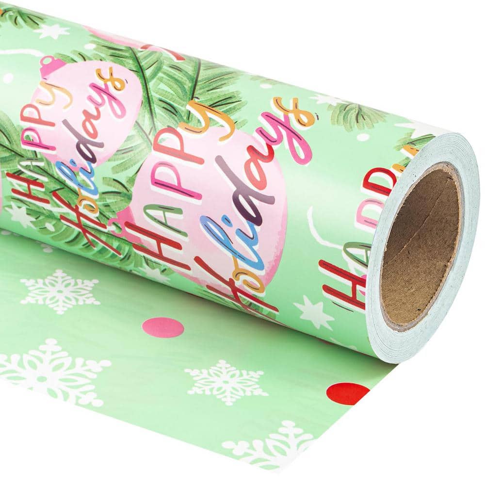 17 in. x 33 ft. Christmas Wrapping Paper, Green Happy Holiday Lettering Pri