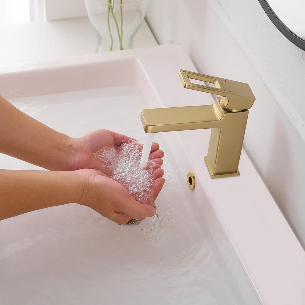 Brushed Gold Single-Handle Low-Arc Bathroom Faucet with Drain