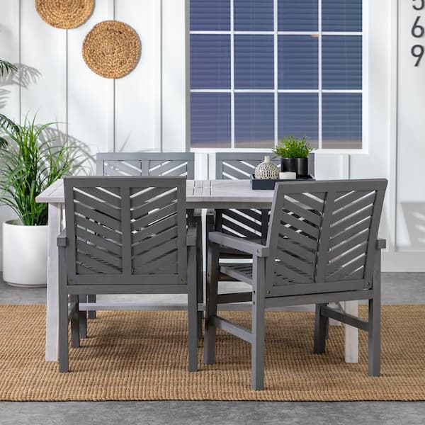 Walker Edison Furniture Company White Wash and Grey Wash 5-Piece Acacia Wood Boho Rectangle Table Outdoor Dining Set