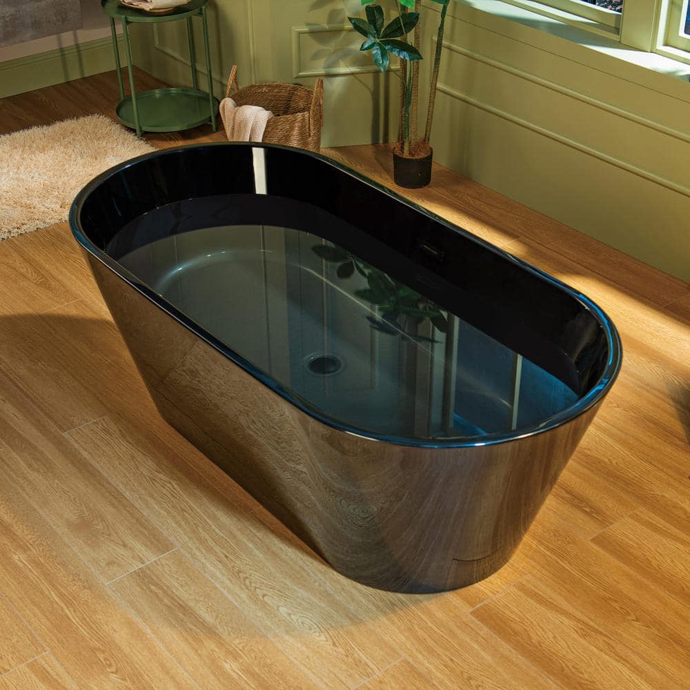 67'' Glossy Black Acrylic Freestanding Soaking Bathtub