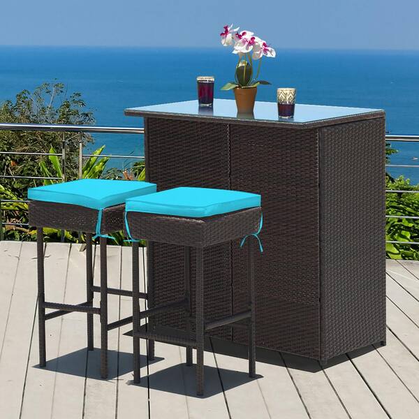 Costway 3 Piece Wicker Outdoor Dining Set with Turquoise Cushion Patio Rattan Wicker Bar Table Stools QD 62G30S1 The Home Depot