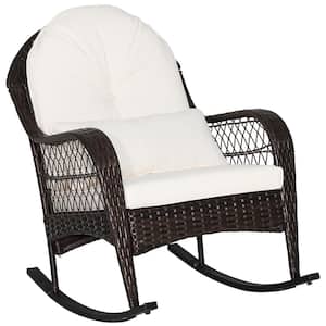 Wicker Outdoor Rocking Chair with Off White Seat Back Cushions & Lumbar Pillow Balcony