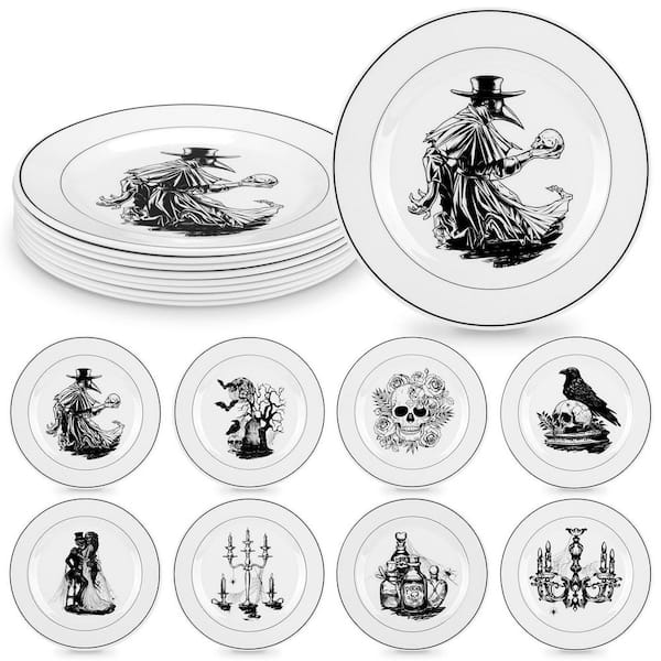 8-Piece Vintage Halloween Dinnerware Set, Serving Dishes, 8 in. Reusable Gothic Dinnerware Set Salad Dessert Plates