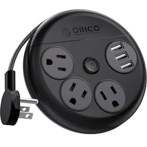 4 ft. 16/3 Light Duty Indoor Extension Cord with Three 3-Pin and Three USB-A Port, Black Travel Flat Extension Cord