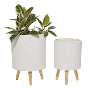 14 in. and 16 in. White Textured Round Fiberclay Planters (Set of 2)