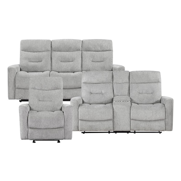 Brooks 81 in. W. Straight Arm Chenille Rectangle 3-Piece Manual Reclining Sofa Set in Gray