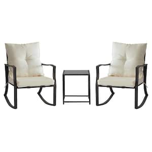 3-Piece Metal Outdoor Bistro Set Rocking Chairs and Glass Coffee Table with Beige Cushions