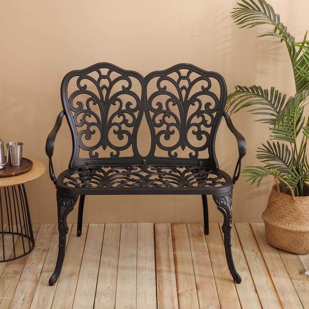 34.6 in. 2-Person Black Cast Aluminum Outdoor Garden Park Bench Patio Garde