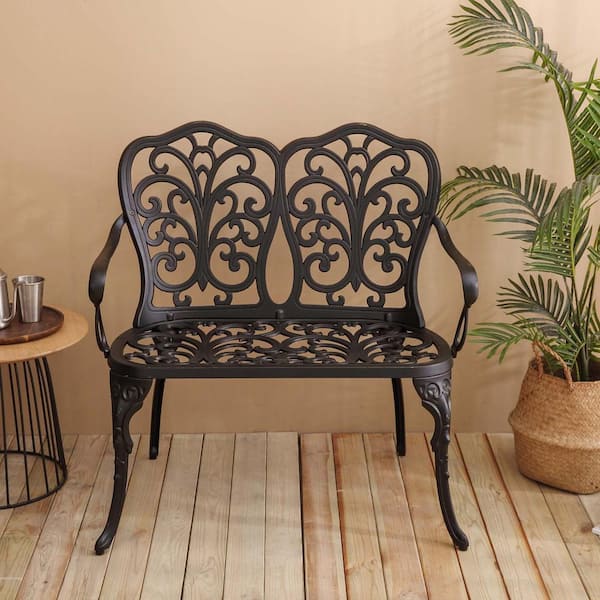 Unbranded 34.6 in. 2-Person Black Cast Aluminum Outdoor Garden Park Bench Patio Garden Bench with Backrest and Armrests