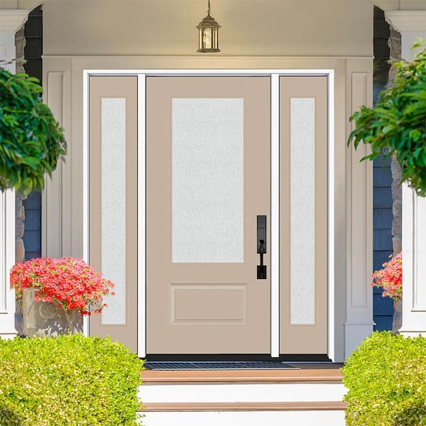 Legacy 64 in. x 80 in. 3/4 Lite Rain Glass RHOS Sandstone Finish Fiberglass Prehung Front Door with dB 12 in. SL