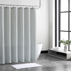 Marled Waffle 70 in. x 72 in. 1-Piece Blue Cotton Blend Shower Curtain