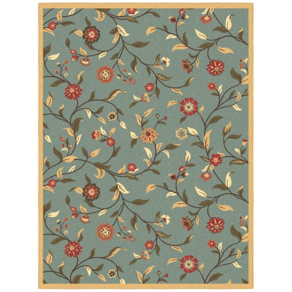 Ottomanson Ottohome Collection Non-Slip Rubberback Floral Leaves 5x7 Indoor Area Rug, 5 ft. x 6 ft. 6 in., Dark Seafoam Green