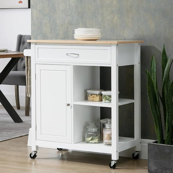 FAMYYT Rolling White Solid Wood Top 33 in. Kitchen Island Cart with Adjustable Shelf