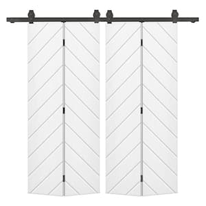 Herringbone 40 in. x 84 in. White Painted MDF Composite Bi-Fold Hollow Core Double Barn Door with Sliding Hardware Kit