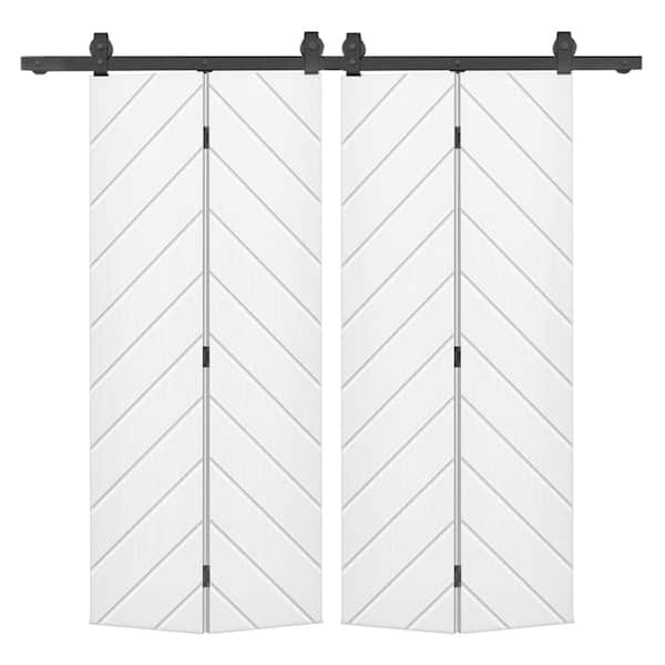 CALHOME Herringbone 52 in. x 80 in. White Painted MDF Modern Bi-Fold Double Barn Door with Sliding Hardware Kit