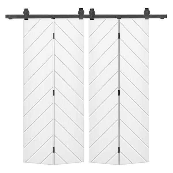 CALHOME Herringbone 56 in. x 84 in. White Painted MDF Composite Bi-Fold Hollow Core Double Barn Door with Sliding Hardware Kit