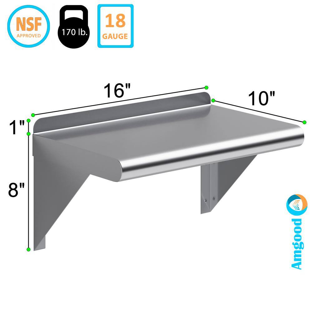 16" Stainless Steel Wall Shelf with Brackets and Backsplash