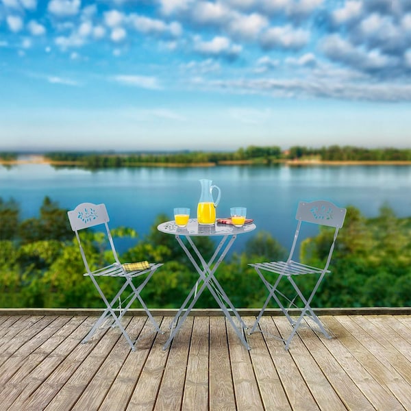 3-Piece Indoor Outdoor Metal Bistro Set Folding Table and Chairs Patio Seating Gray