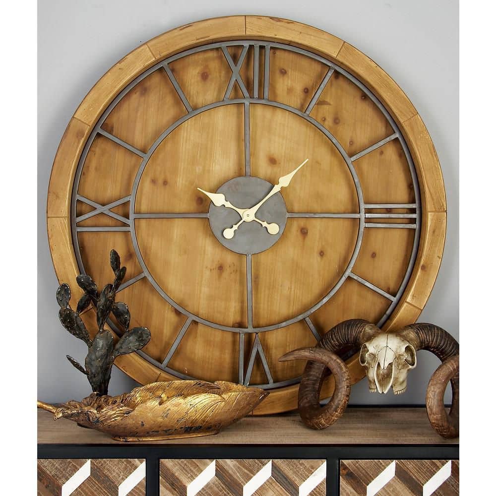 Oversized Brown Mediterranean Wood Wall Clock with Gold Hands