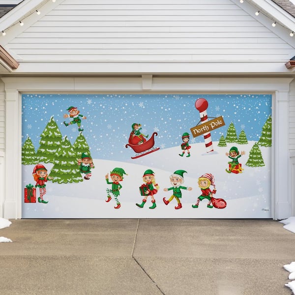My Door Decor 7 ft. x 16 ft. North Pole Elves-Christmas Garage Door Decor Mural for Double Car Garage